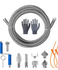 Badass Heavy Duty Drain Snake And Auger With Drill Attachment Plumbing Tool 9.8Ft Galvanized Steel Spring and accessories including gloves and cutters.