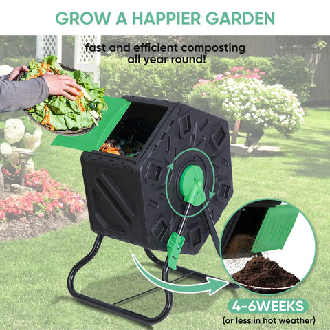 Compost Tumbler Bin With Sliding Doors, 18.5 Gallon Rotating Chamber, Portable Outdoor Garden Compost Bin For Kitchen And Yard Waste, Built Tough From PP And Steel