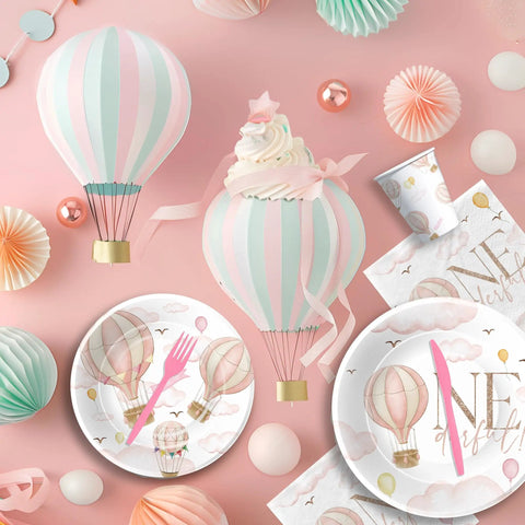 Hot Air Balloon First Birthday Tableware Set For Girls Includes Plates Cups Napkins Disposable Cutlery Serves 24 Whimsical Pink Decor