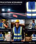 Custom Printed High Visibility Safety Vest With Reflective Tape For Contractors And Crews Featuring Zippered Front Design in various night scenarios.