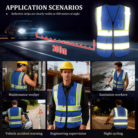 Custom Printed High Visibility Safety Vest With Reflective Tape For Contractors And Crews Featuring Zippered Front Design in various night scenarios.