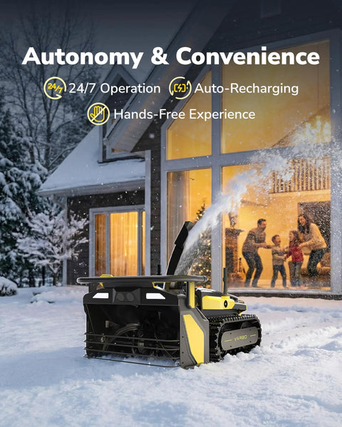 Robotic Lawn Mower Pro With Blower And Snow Blower Modular System clearing snow outside a house, highlighting autonomy.