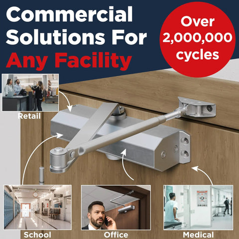 Medium Duty Commercial Door Closer Built Different For Busy Retail Entrances Featuring Smooth Operator Self Closing Hinge Assembly With Zero Slam Nonsense Ul Listed Grade One Size Two Five Silver on a wooden door with an office setting.