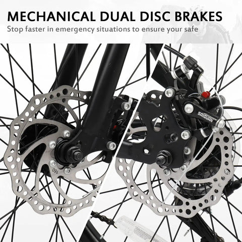 Close-up of mechanical dual disc brakes on 20 Inch Folding Bike With 7 Speed Shimano System Ready To Ride 100 Percent Assembled