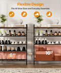 Five Tier Shoe Rack With Hooks, Adjustable Mesh Shelves showing flexible design for storage with shoes and baskets, easy assembly