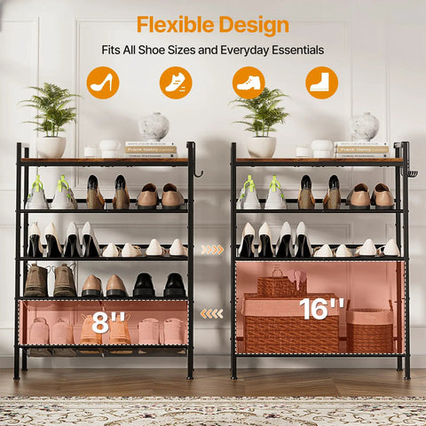 Five Tier Shoe Rack With Hooks, Adjustable Mesh Shelves showing flexible design for storage with shoes and baskets, easy assembly