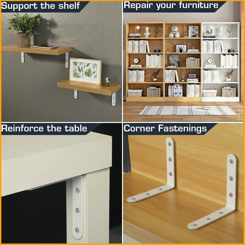Heavy Duty White Floating Shelf Brackets 4 Pack L Brackets For Wall Mounted Storage with plants and furniture repair uses.