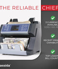 Heavy Duty Business Money Counter With Top Loading Cash Handling Machine Featuring Quick Batch Mode And Slick Counterfeit Detection with bills loaded.