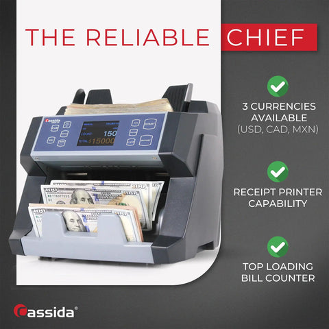 Heavy Duty Business Money Counter With Top Loading Cash Handling Machine Featuring Quick Batch Mode And Slick Counterfeit Detection with bills loaded.