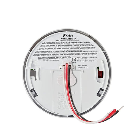 Back view of hardwired heat detector with battery backup and dual LEDs, interconnect ready for garage safety, wiring shown.
