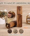 Two Pack Acacia Wood Salt And Pepper Grinder Set With Refillable Design Adjustable Ceramic Core Gold Stainless Steel Accents