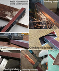 Heavy Duty Angle Grinder Belt Sander Attachment With 5/8 Inch 11 Thread Steel Aluminum Jaw Rig Built For Weld Prep Rust Off And Wood Sanding Comes Stacked With 20 Grit Belts, shown in use for metal rust removal and grinding.