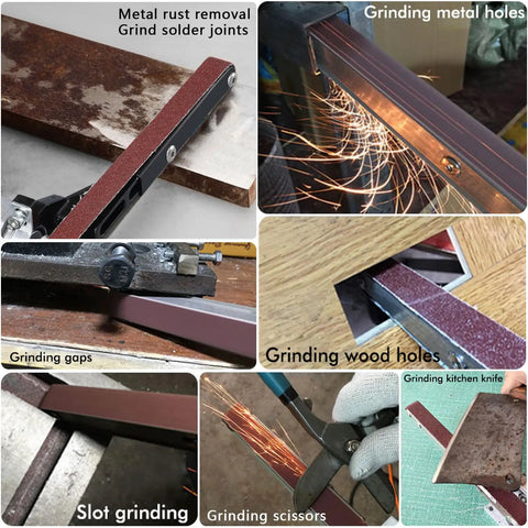 Heavy Duty Angle Grinder Belt Sander Attachment With 5/8 Inch 11 Thread Steel Aluminum Jaw Rig Built For Weld Prep Rust Off And Wood Sanding Comes Stacked With 20 Grit Belts, shown in use for metal rust removal and grinding.