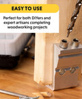 All In One Aluminum Pocket Hole Jig Kit With Carrying Case For Easy Corner And Angle Joints Face Frame Cabinets Leg And Rail Projects Do It Yourself Woodworking Made Simple With A Durable Pocket System For Quick Strong Joints shown in use with wood and drill bit