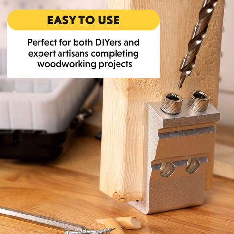 All In One Aluminum Pocket Hole Jig Kit With Carrying Case For Easy Corner And Angle Joints Face Frame Cabinets Leg And Rail Projects Do It Yourself Woodworking Made Simple With A Durable Pocket System For Quick Strong Joints shown in use with wood and drill bit