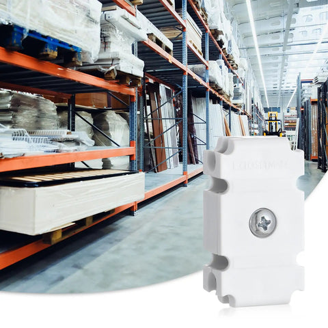 Six Piece Joiner Plates Kit For Closet Support Brackets And Shelf Organizer Grid Connectors With Heavy Duty Metal Wall Clamp displayed in warehouse.