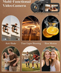 4K Video Camcorder For YouTube Vlogging With 64MP Photos, 18x Digital Zoom, 3 Inch IPS Touchscreen features shown in various shots
