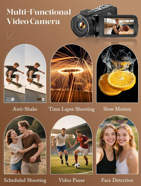 4K Video Camcorder For YouTube Vlogging With 64MP Photos, 18x Digital Zoom, 3 Inch IPS Touchscreen features shown in various shots