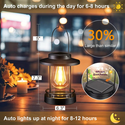 Solar Powered Hanging Lanterns Outdoor Waterproof 2 Pack with warm white glow on wooden table.