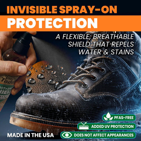 Waterproof Shoe Protector Spray For Leather Suede And Nubuck Non Aerosol 6oz Shield on boot with water droplets