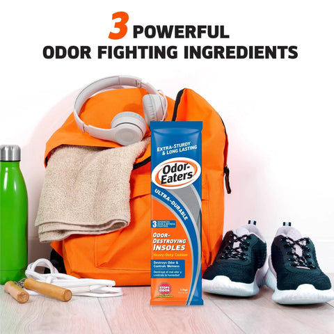 Ultra Durable Cushion Insoles For Odor Control And All Day Comfort, Heavy Duty Foot Support With Activated Charcoal Baking Soda And Zinc Oxide Odor Blocker, 1 Pair displayed with gym bag