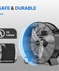 Built Tough 24 Inch High Velocity Drum Fan With 9500 CFM Airflow, industrial metal floor fan, black, UL listed, with wheels and handle.