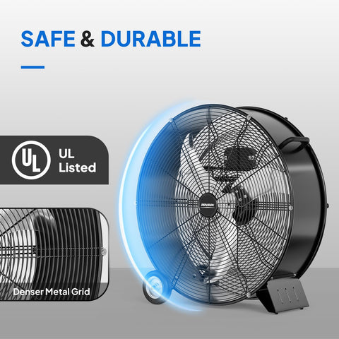 Built Tough 24 Inch High Velocity Drum Fan With 9500 CFM Airflow, industrial metal floor fan, black, UL listed, with wheels and handle.
