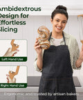 Woman holding Adjustable Bread Knife With Precision Thickness Guide For Homemade And Sourdough Loaves in kitchen, ergonomic design.