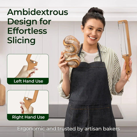 Woman holding Adjustable Bread Knife With Precision Thickness Guide For Homemade And Sourdough Loaves in kitchen, ergonomic design.