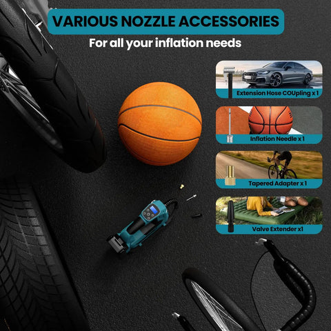 Portable Cordless Tire Inflator with Digital Pressure Gauge and LED Light, accessories, bike, car tires, sports ball.