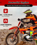 Motorcyclist on orange dirt bike promoting 49cc Two Stroke Pull Start Engine Kit With Single Cylinder Air Cooled Design