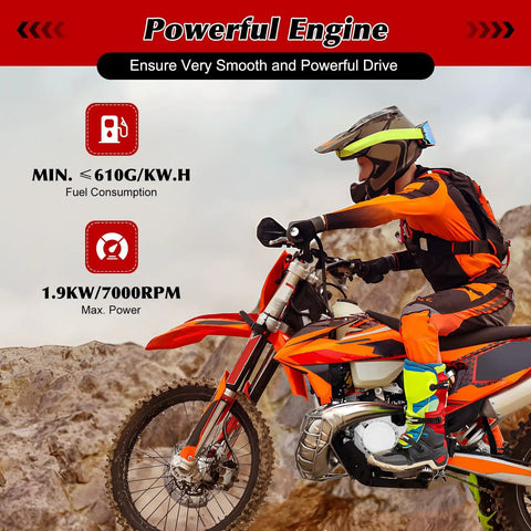 Motorcyclist on orange dirt bike promoting 49cc Two Stroke Pull Start Engine Kit With Single Cylinder Air Cooled Design