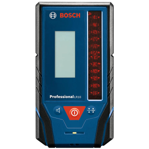 Front view of LR10 500 Ft Red Beam Rotary Laser Receiver with dual-sided LED indicators and backlit LCD, blue body with controls.