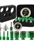 KURSTOL Diamond Core Drill Bit Kit with green core bits, bevel and milling bits, adapter, and 4.5-inch cutting disc