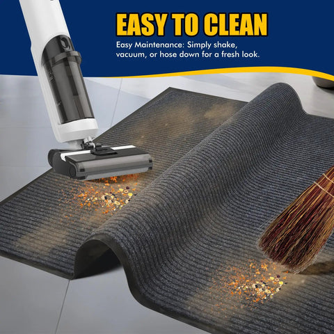 Heavy Duty Indoor Outdoor Entrance Mat 4 By 10 Feet Rubber Border Door Rug With Non Slip Tread being cleaned with a vacuum.