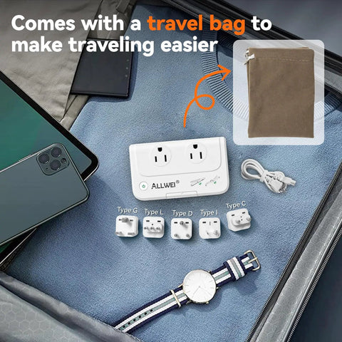 Global Travel Voltage Converter For Hair Tools 220V To 110V Up To 230W For Hair Straighteners And Curling Irons shown with adapters and travel bag