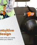 All In One PPE Organizer For Hard Hats With Magnetic Backing, Belt Clip And Hook attached to car seat with hard hat