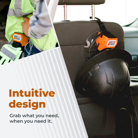 All In One PPE Organizer For Hard Hats With Magnetic Backing, Belt Clip And Hook attached to car seat with hard hat