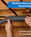 Hands installing Solid Choice Pre Slit Foam Pipe Insulation Covers 12 Pack Three Foot Durable Foam Tube over copper plumbing.