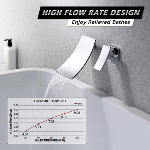 Wall Mount Bathtub Faucet With Waterfall Tub Filler, Brass Chrome Finish, high flow rate design, ceramic cartridge