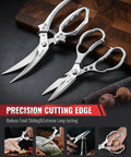 Two Piece Kitchen Scissors Set With Poultry Shears Japanese Stainless Steel All Purpose Kitchen Shears For Food Chicken Bones Fish Scales Nuts Herbs Packaging Plus More Dishwasher Safe, shown open