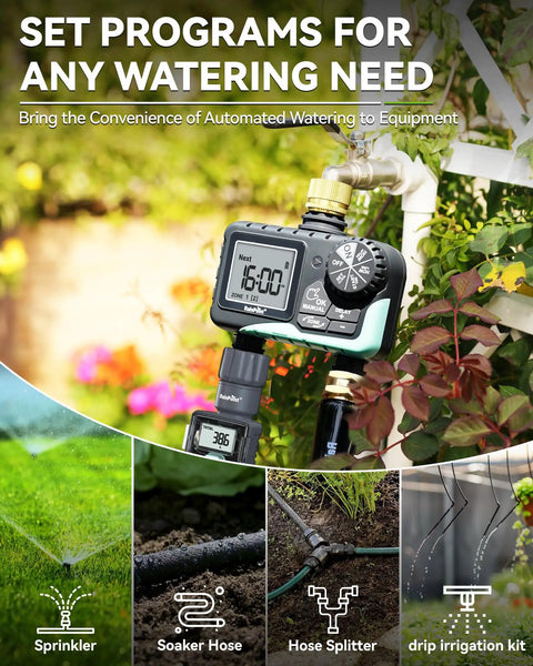 Dual Zone Garden Hose Timer With Brass Swivel And Two Outlets Programmable Sprinkler Timer on garden tap showing LCD screen