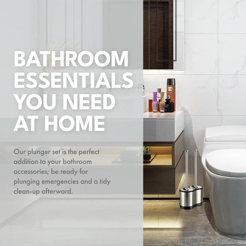 Heavy Duty Toilet Plunger and Brush Combo for Freestanding Stainless Steel Bathroom beside modern toilet setup