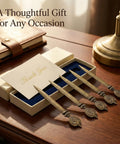 Five Piece Retro Envelope Opener Set Zinc Alloy Letter Openers For Quick Mail Opening Sword Shaped Design displayed in gift box.