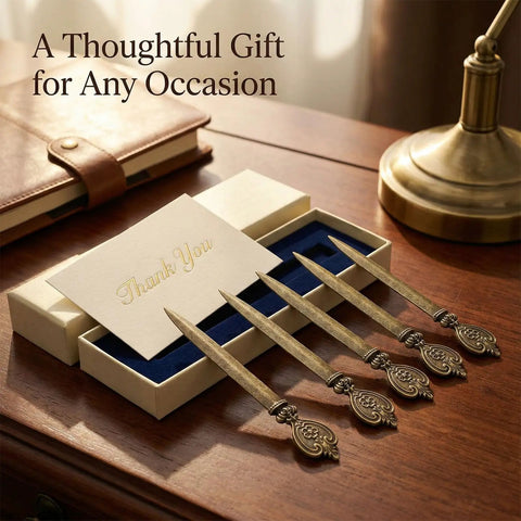 Five Piece Retro Envelope Opener Set Zinc Alloy Letter Openers For Quick Mail Opening Sword Shaped Design displayed in gift box.