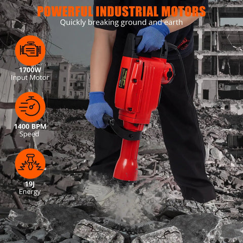 Heavy Duty Concrete Breaker Jack Hammer With 1700W Demo Power And Three Piece Chisel Bit Kit in use, breaking concrete.