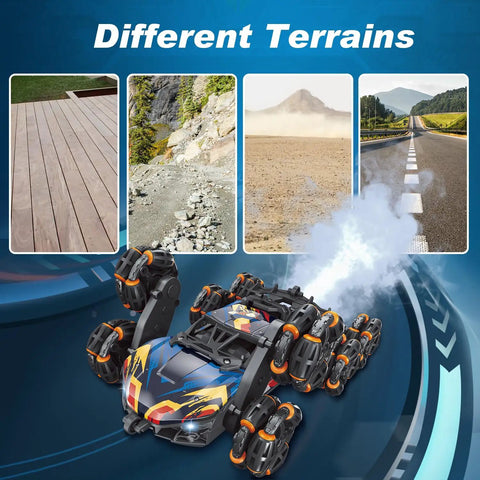 Epic 8 Wheel Hand Controlled RC Stunt Car With Gesture Sensing Remote on various terrains illustration