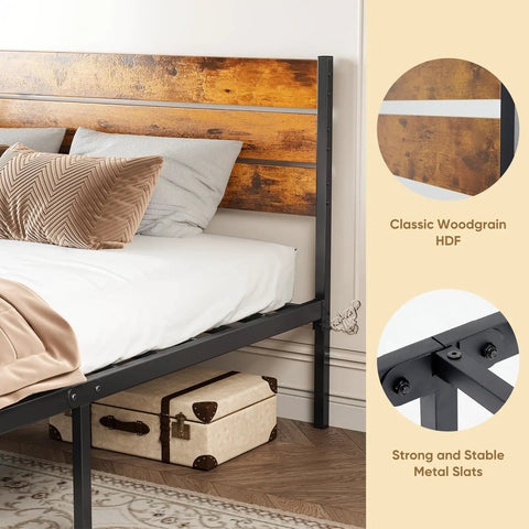 Built Different Full Size Platform Bed Frame With Solid Wood Headboard And Footboard Heavy Duty Steel Slats Holds 800 Lbs rock solid side view with classic woodgrain headboard.