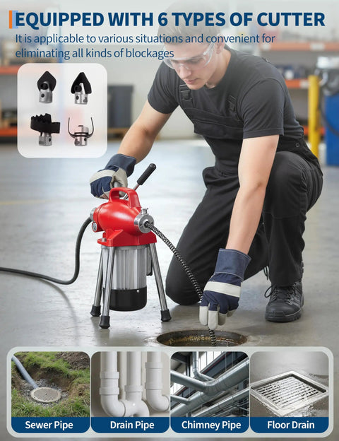 Heavy Duty 500W Electric Pipe Auger Drain Cleaner With Auto Feed Setup And Dual Coils for use on various pipe types.