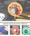 Lug Bolt Pattern Measuring Tool Kit For 4 5 6 Lug Patterns Wheel Pattern Template Set of 4 with Dual SAE and Metric Scales shown installed on wheel hub